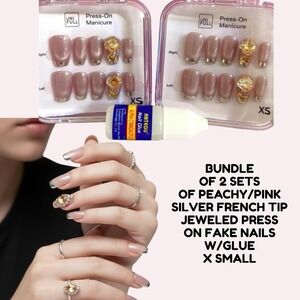 BUNDLE OF 2 SETS OF PEACHY CHAMPAGNE SILVER FRENCH TIP FAKE NAILS XS